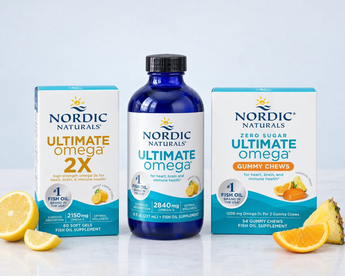 Kwasy omega-3 Nordic Naturals - Ultimate Omega 2X w kapsułkach, Ultimate Omega w płynie i Zero Sugar Ultimate Omega Gummy Chews z cytryną, pomarańczą i ananasem
