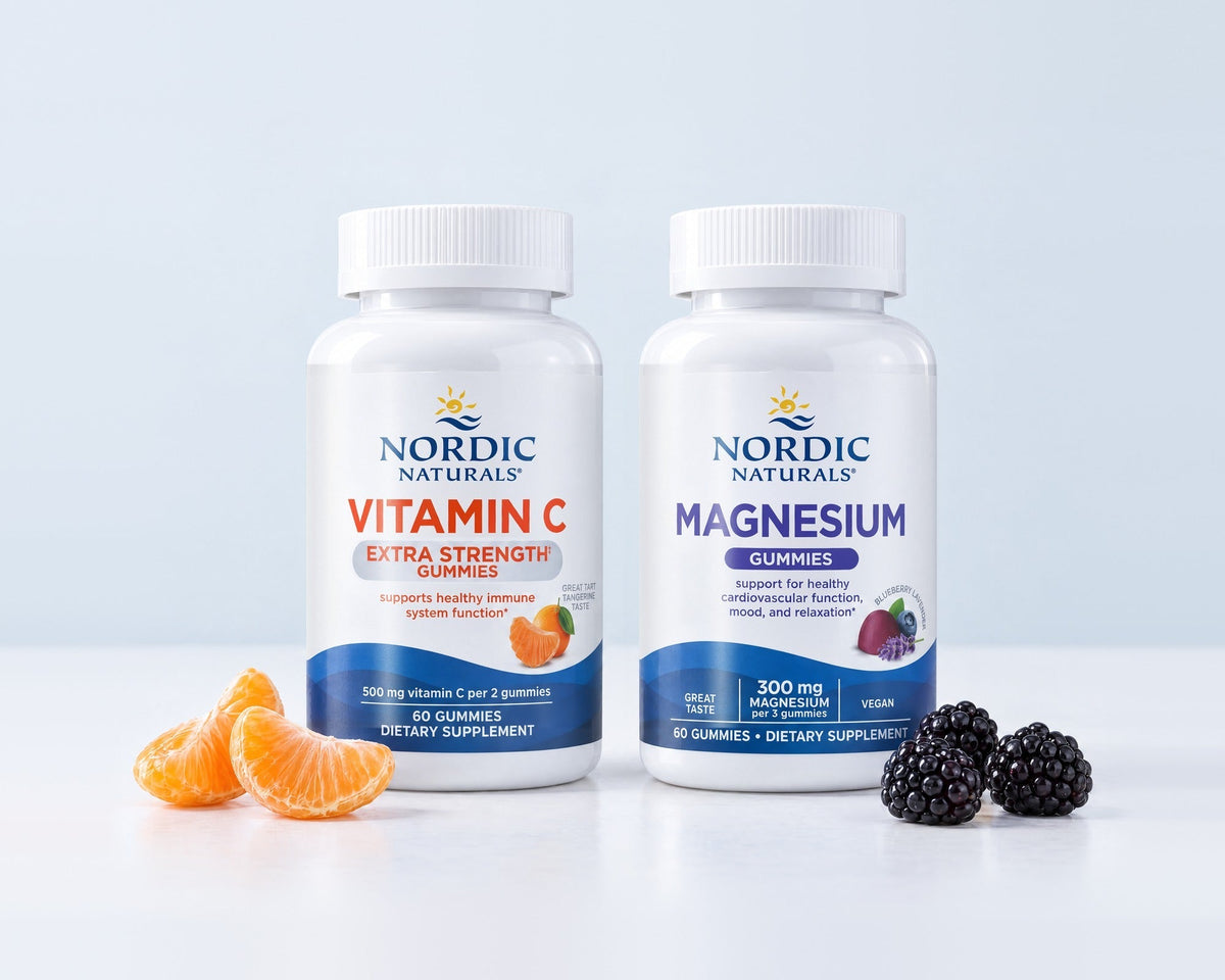 Żelki Vitamin C Extra Strength i Magnesium Gummies z mandarynką i jeżynami - seria Gummies Nordic Naturals