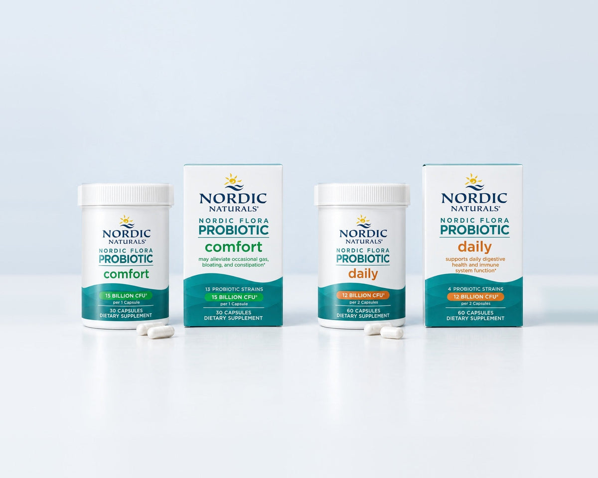 Probiotyki Nordic Flora Comfort i Daily z kapsułkami - seria Nordic Flora Nordic Naturals