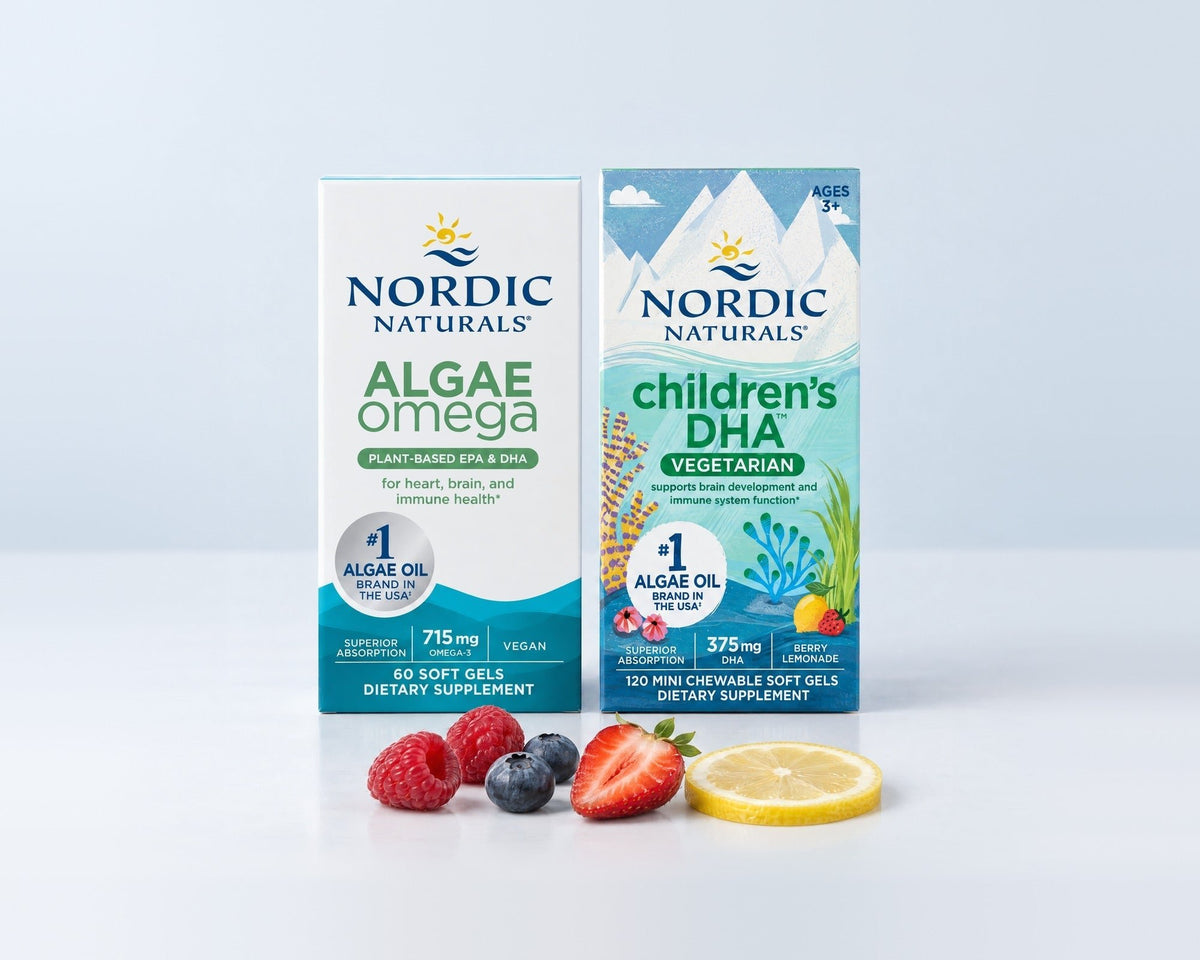 Algae Omega i Children's DHA Vegetarian z owocami jagodowymi i cytryną - seria Vegan Nordic Naturals