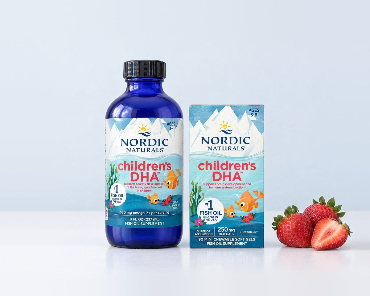 Tran dla dzieci Nordic Naturals - Children's DHA w płynie i w kapsułkach do żucia o smaku truskawkowym
