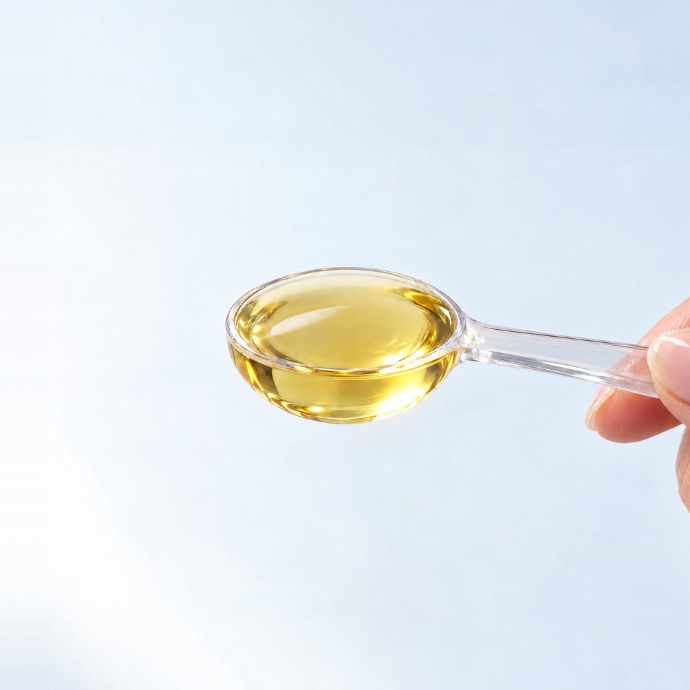 Olej omega-3 na przezroczystej łyżeczce - suplementy w płynie