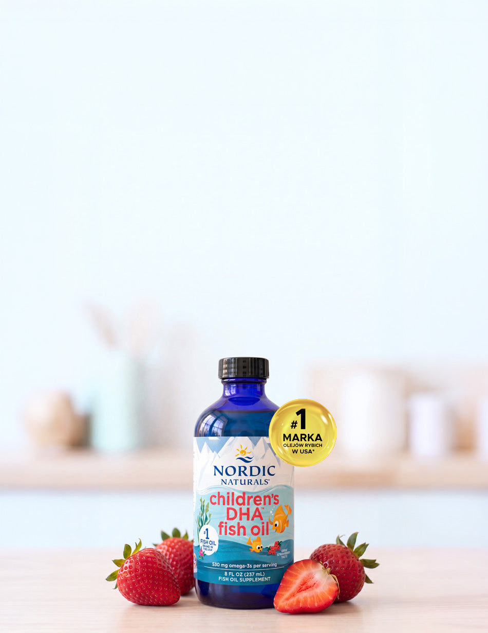 Smaczny tran dla dzieci który naprawdę smakuje Children's DHA Nordic Naturals  o smaku truskawkowym - Marka nr 1 wśród olejów rybich w USA
